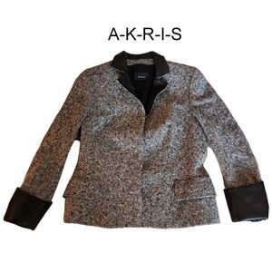 Akris Grey Tweed Lamb Leather Trim Blazer Wool Cashmere Blend  Jacket  Small
